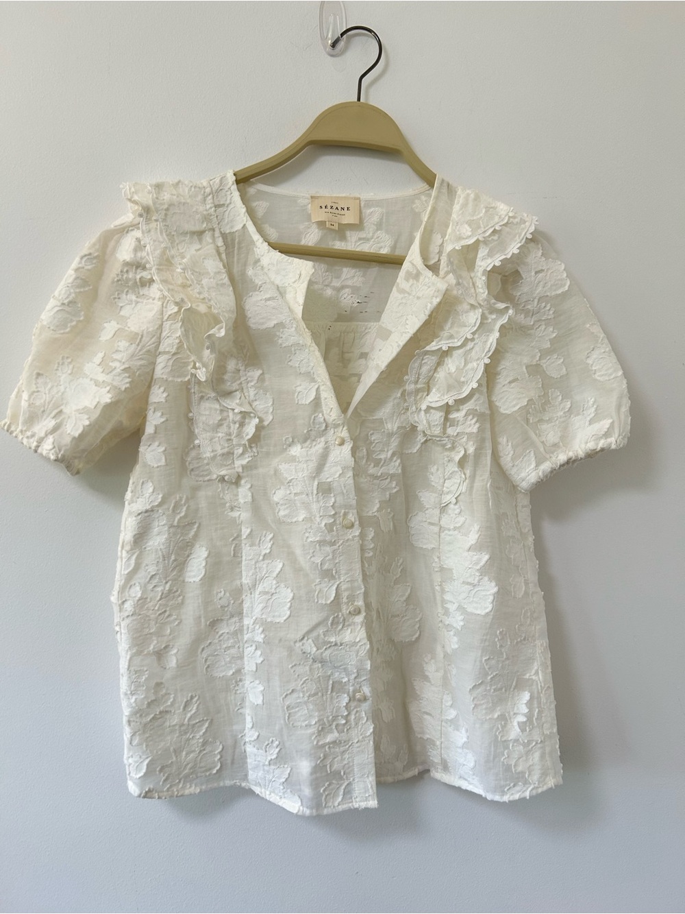 Sezane Paulina Ivory Floral Textured Ruffle Blouse 34 Small